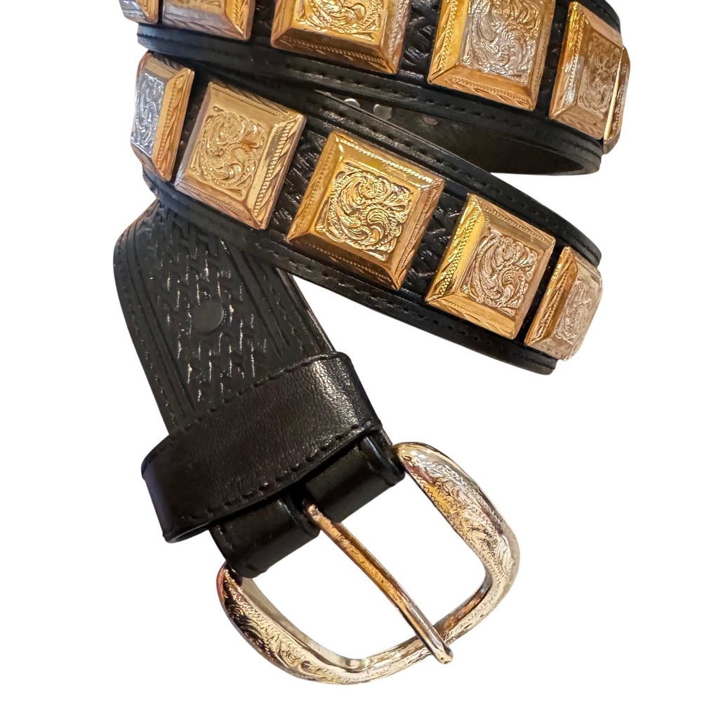 Ranger‎ Black Leather Western Belt GoldTone Square paisley stud Accents woman 42